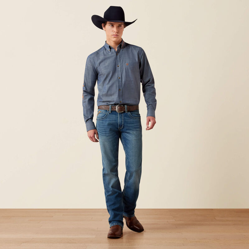 Ariat Team Logo Twill Fitted Shirt in Chambray Blue / Saddle Brown (Men's)