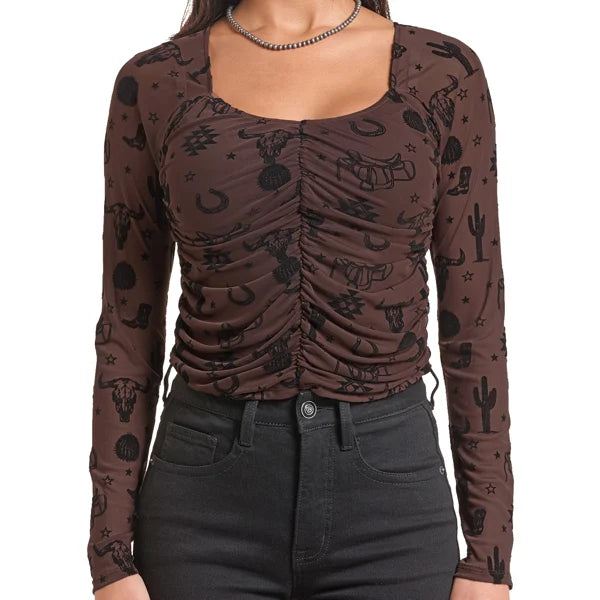 Rock & Roll Denim Flocked Mesh Long Sleeve Blouse (Women's)