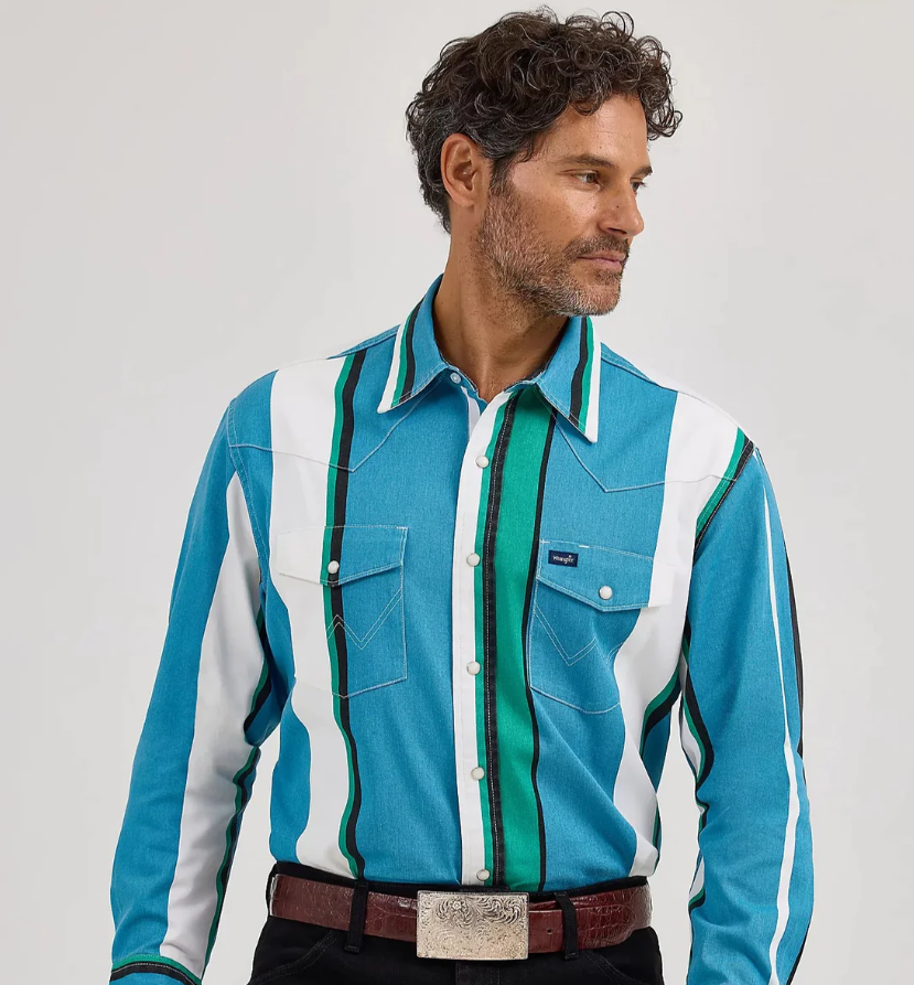 Wrangler Brushpopper Western Snap Work Shirt in Azure Stripe (Men's)