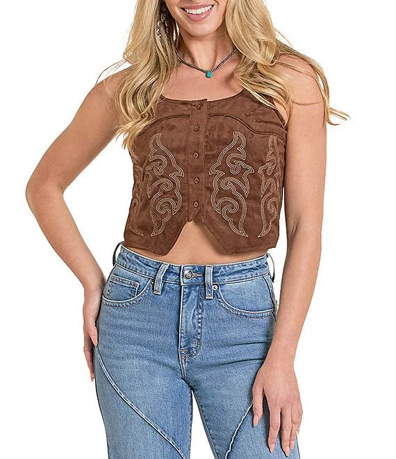 Rock&Roll Denim Western Embroidered Suede Tank Top in Brown (Women's)