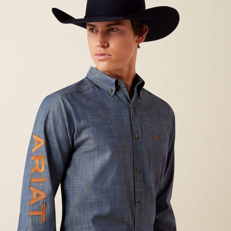 Ariat Team Logo Twill Fitted Shirt in Chambray Blue / Saddle Brown (Men's)
