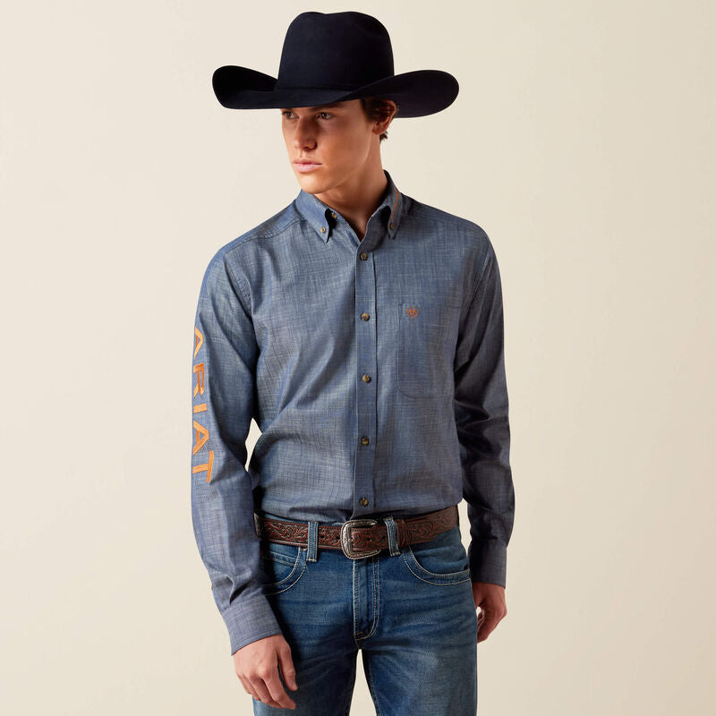 Ariat Team Logo Twill Fitted Shirt in Chambray Blue / Saddle Brown (Men's)