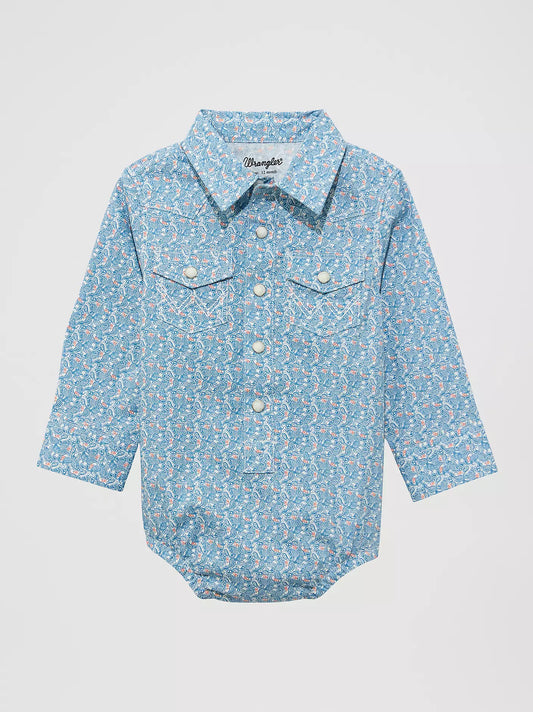 Wrangler Baby Boy's Long Sleeve Western Snap Bodysuit in Blue Jay (Kids)