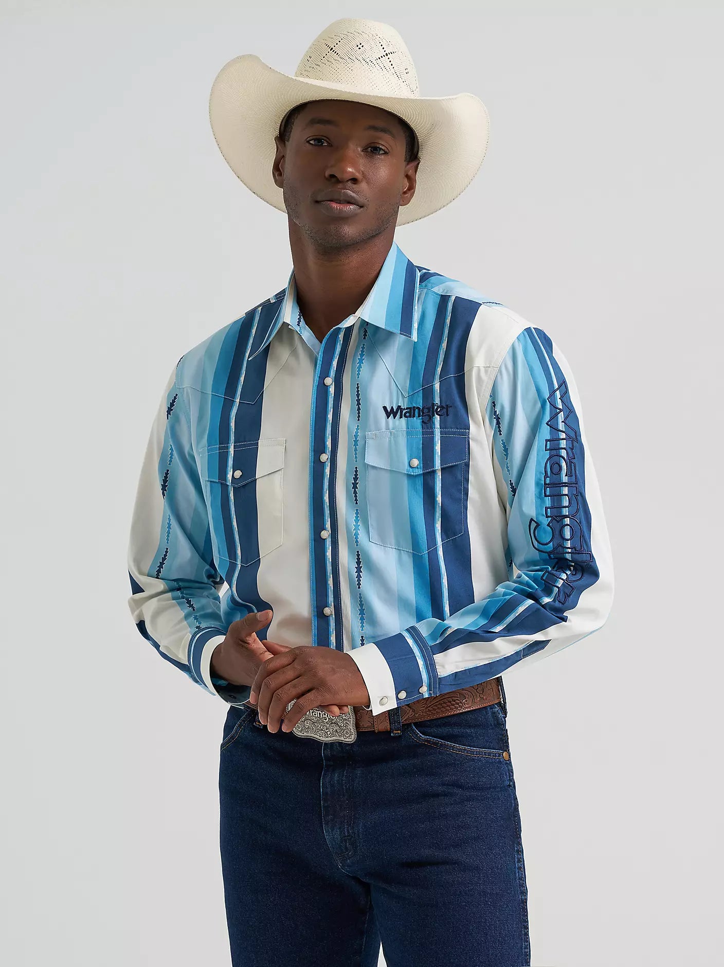 Wrangler® Long Sleeve Logo Snap Shirt in Blue Clouds (Men's)