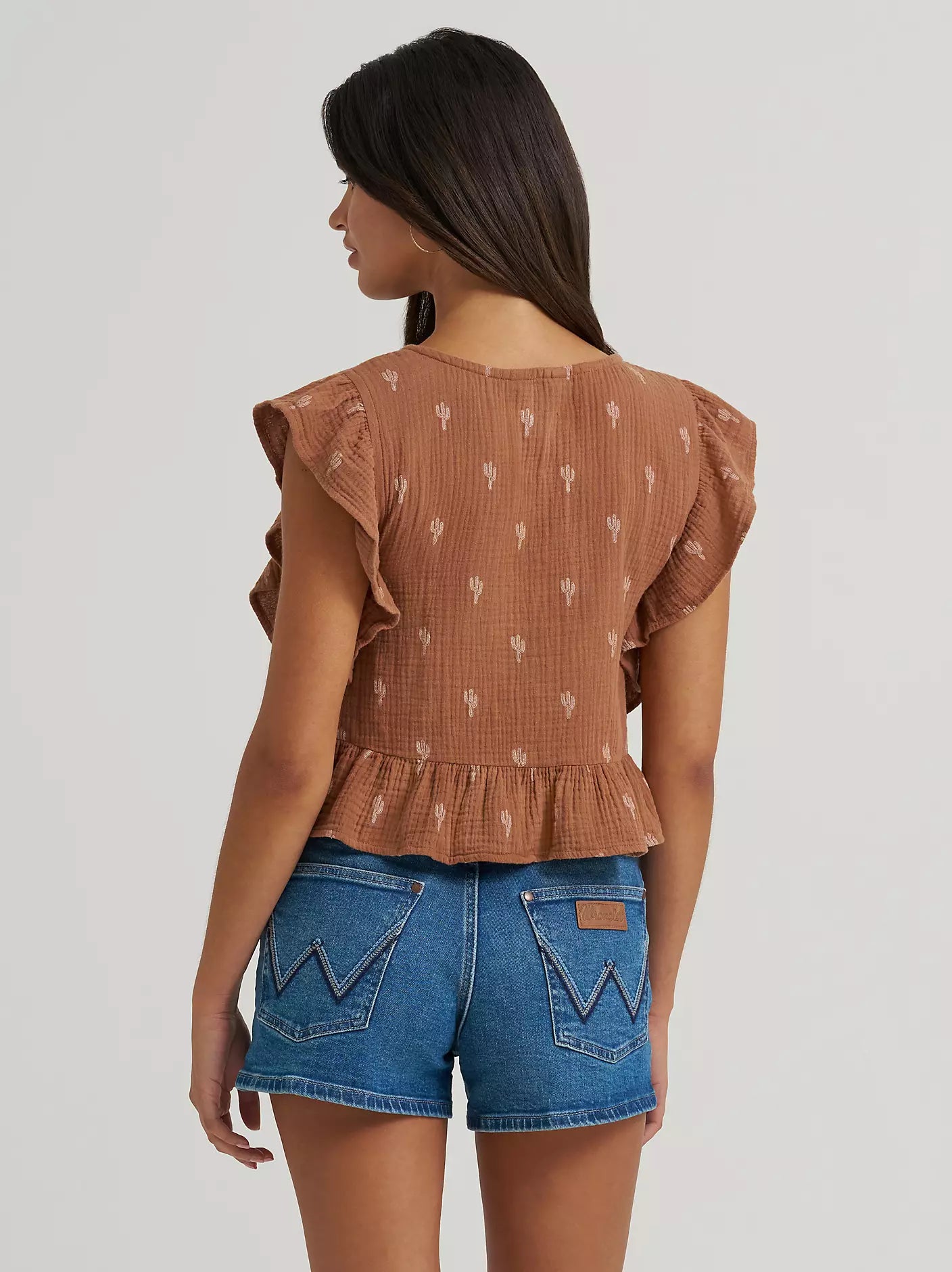 Wrangler Women's Gauzy Flutter Sleeve Blouse in Brown (Women's)