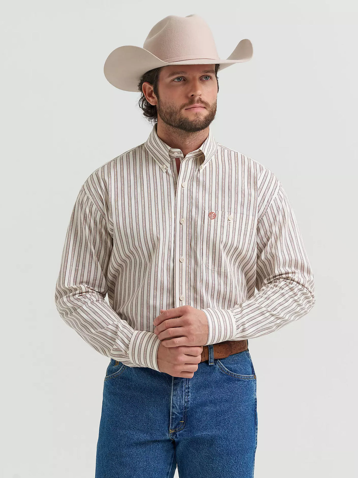 Wrangler George Strait Long Sleeve Button Down One Pocket Shirt in Rusted Stripe (Men's)