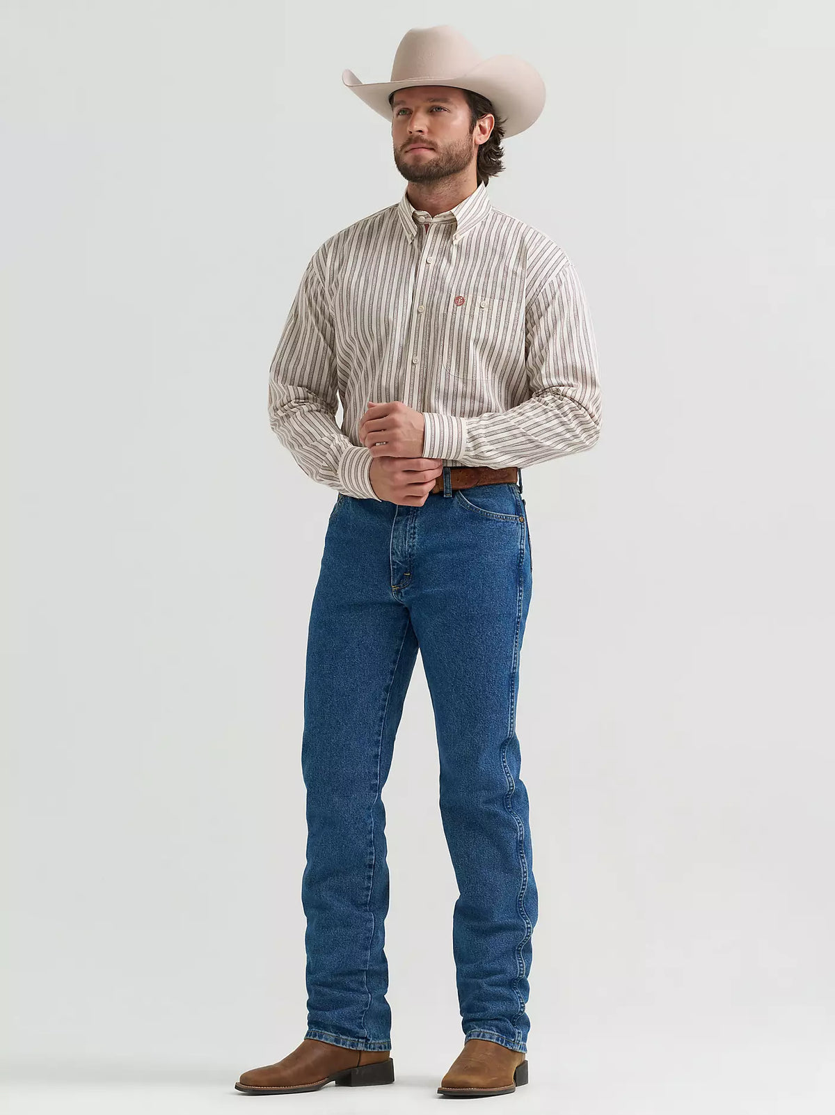 Wrangler George Strait Long Sleeve Button Down One Pocket Shirt in Rusted Stripe (Men's)
