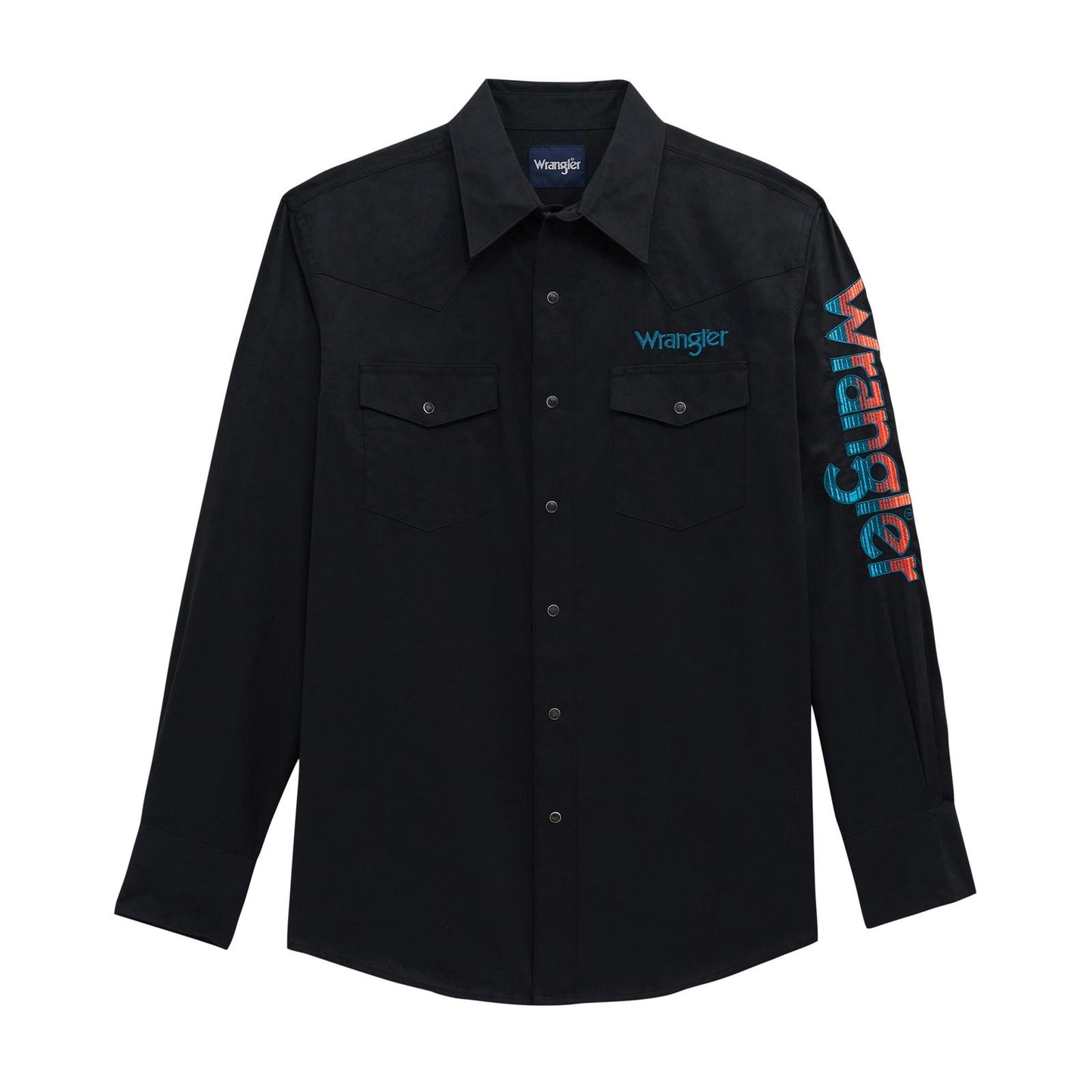 Wrangler® Long Sleeve Logo Snap Shirt in Black (Men's)