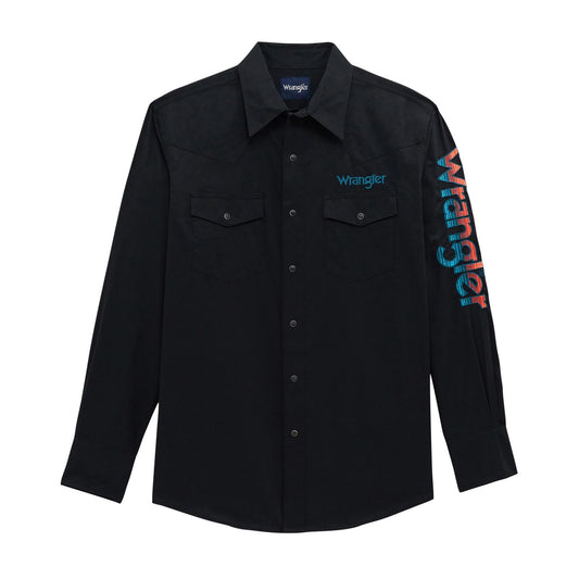 Wrangler® Long Sleeve Logo Snap Shirt in Black (Men's)