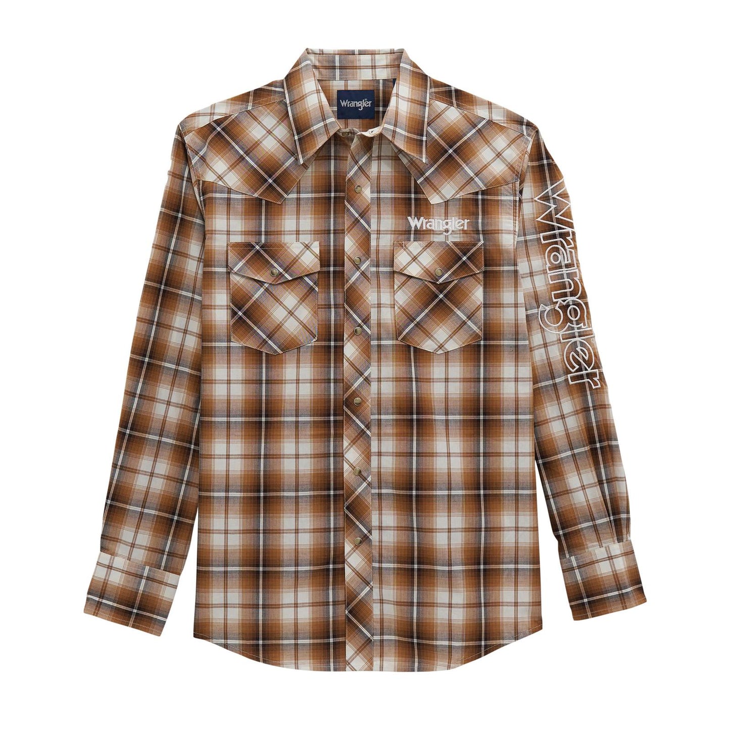 Wrangler® Long Sleeve Logo Snap Shirt in Brown (Men's)