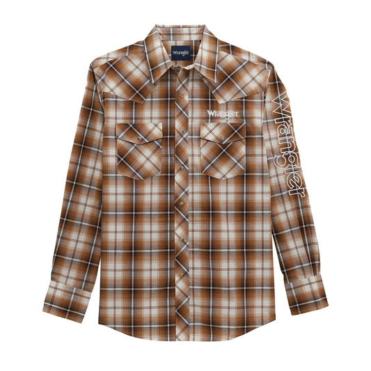 Wrangler® Long Sleeve Logo Snap Shirt in Brown (Men's)
