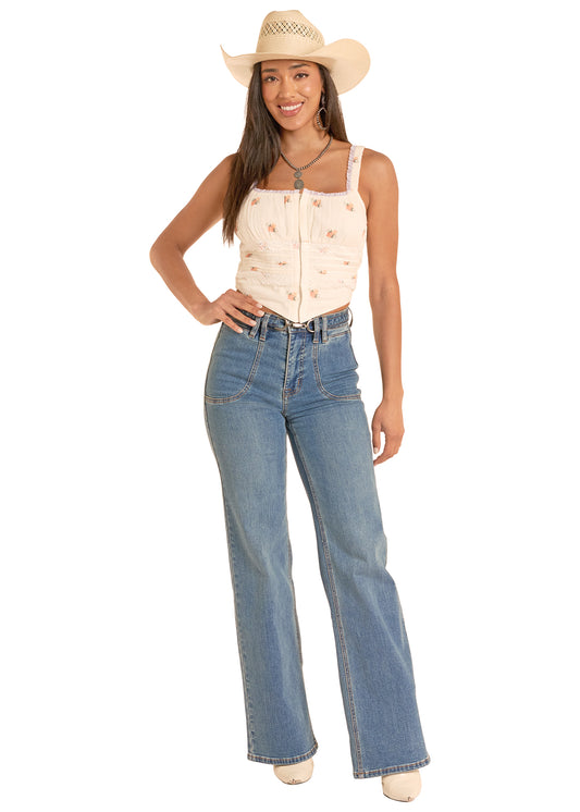 Rock&Roll Demin Flower Print Laced Corset Top in White (Women's)