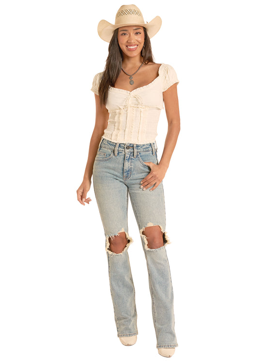 Rock&Roll Demin Smocked tie Top in White (Women's)