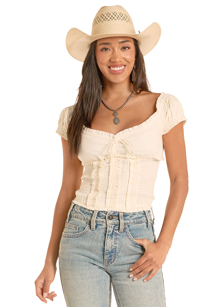 Rock&Roll Demin Smocked tie Top in White (Women's)