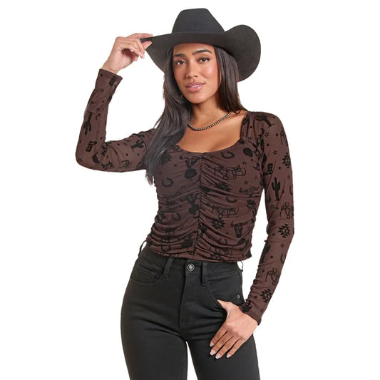 Rock & Roll Denim Flocked Mesh Long Sleeve Blouse (Women's)
