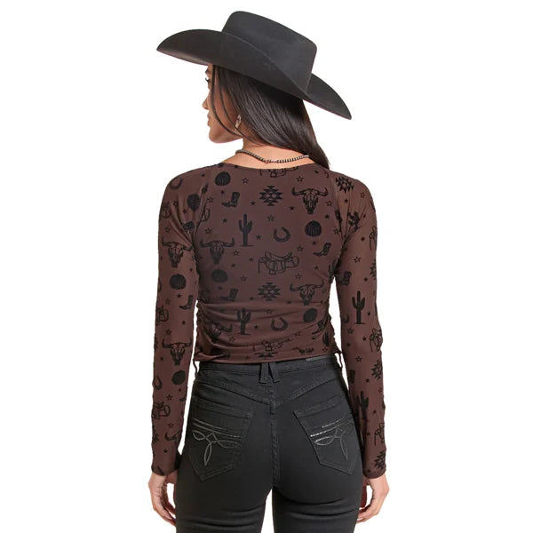 Rock & Roll Denim Flocked Mesh Long Sleeve Blouse (Women's)
