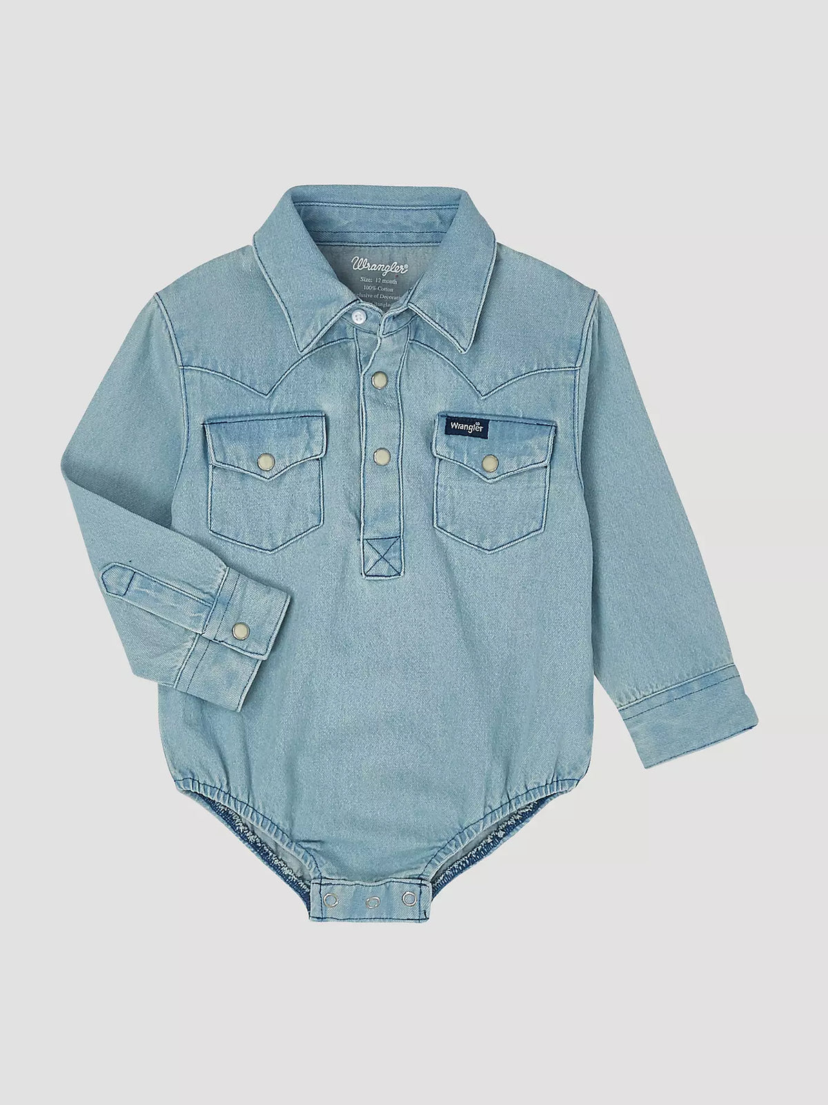 Wrangler Long Sleeve Bodysuit With Western Snap Placket in Faded Blue (Infant)