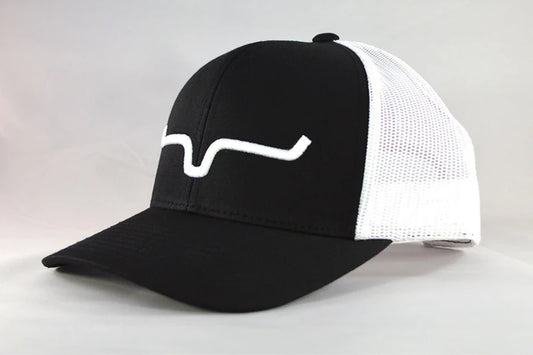 Kimes Ranch Weekly Trucker Hat in Black and White