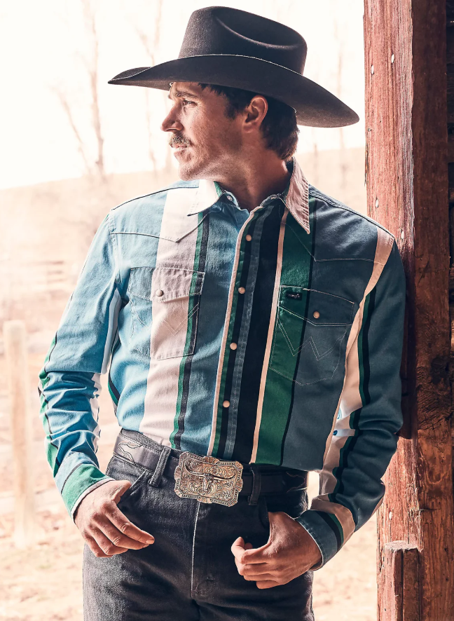 Wrangler Brushpopper Western Snap Work Shirt in Azure Stripe (Men's)