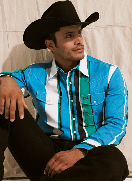 Wrangler Brushpopper Western Snap Work Shirt in Azure Stripe (Men's)